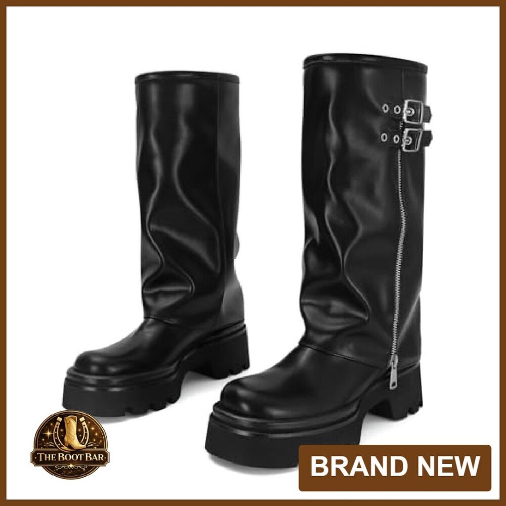 Platform Slouchy Boots Wide Calf Fold Over Ruched Round Toe Riding - Picture 7 of 7